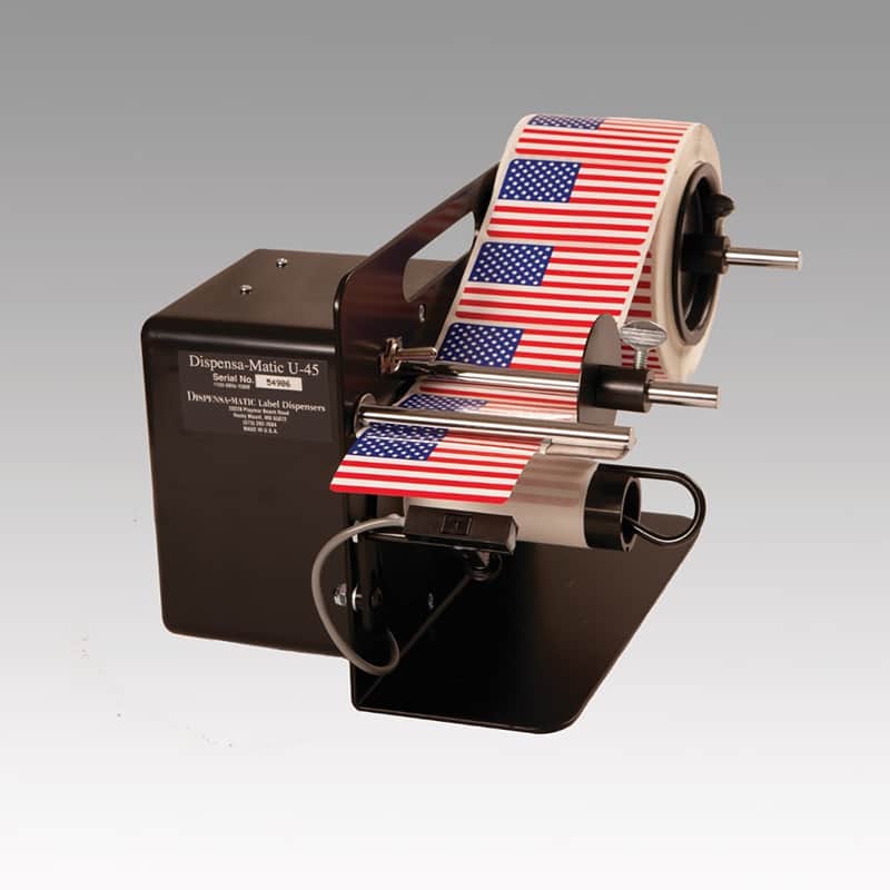 A label dispenser dispensing American flag stickers